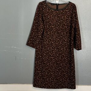 Talbots Faux Leather Trim ALine Brown Leopard Print Knit Dress Sz 12